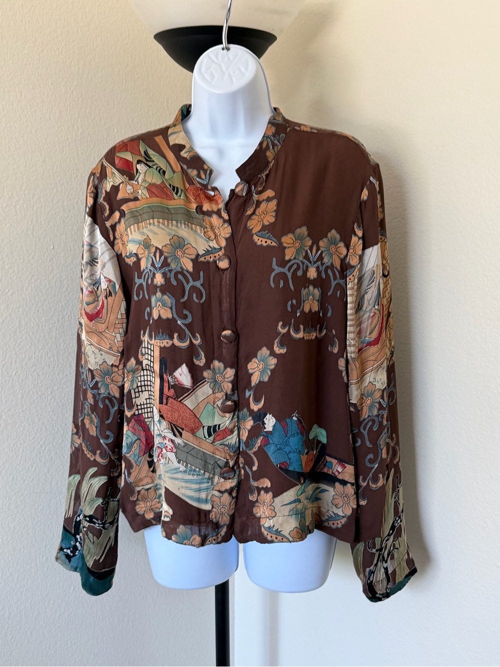 Y2K Citron Brown Floral Scenic Button-Down silk Shirt